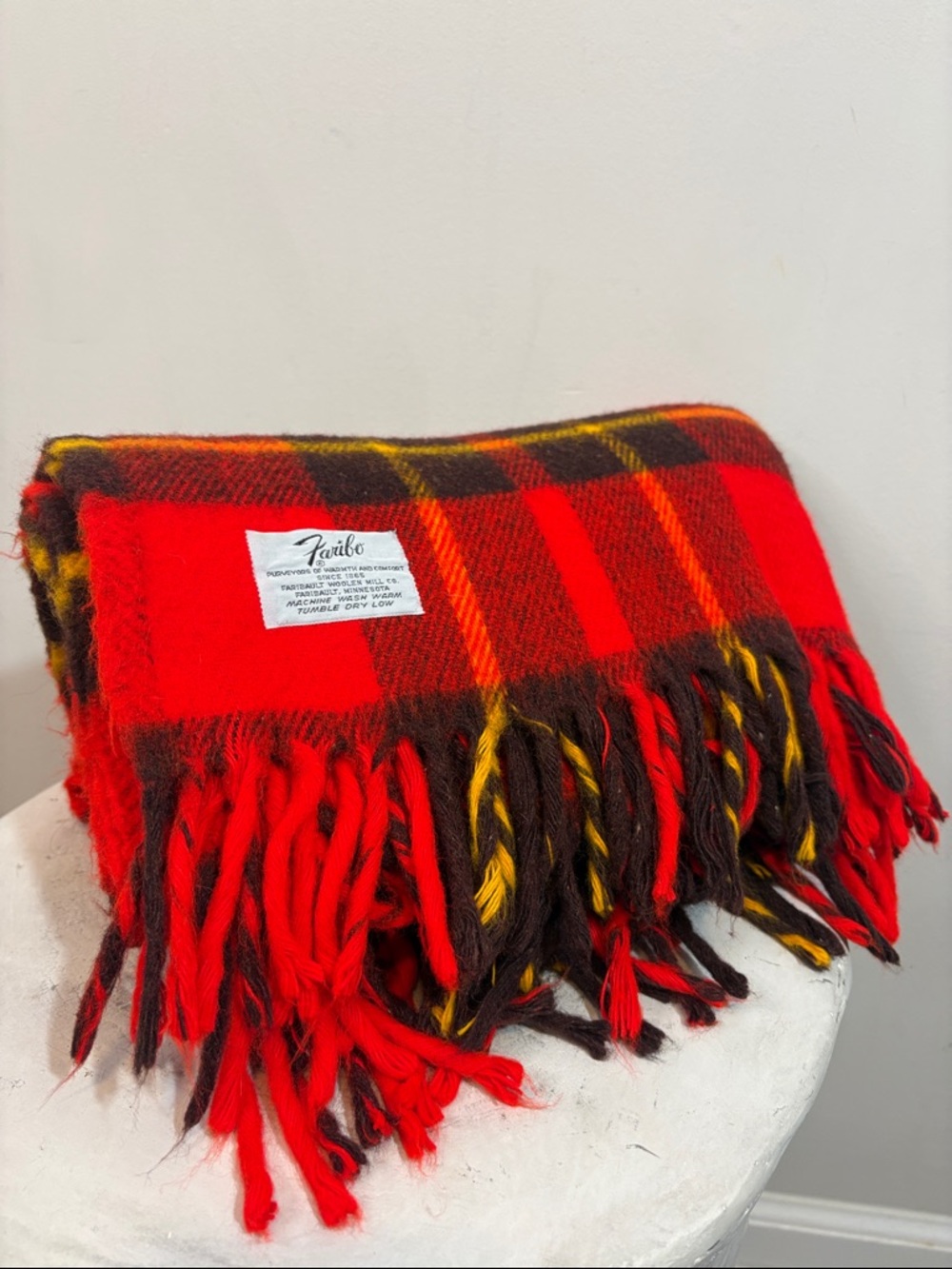 Vintage Wool Fringe Throw Blanket, Faribo Bright Red Plaid